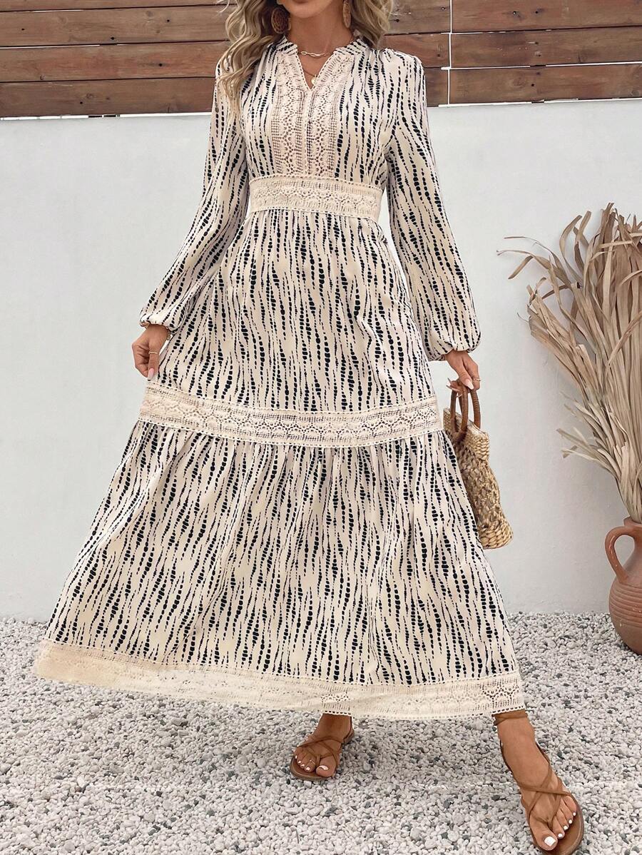 SHEIN VCAY Váy nghỉ dưỡng thường ngày cổ chữ V chắp vá tay đèn lồng xếp ly cho nữ, mùa thu/đông - Nhiều màu - Xem 1