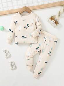 Bộ 2 món/Bộ đồ ngủ in họa tiết động vật cổ tròn tay dài dễ thương thoải mái cho bé trai và quần dài in họa tiết toàn thân, vừa vặn - Màu be - Xem 4