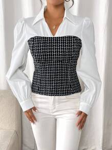 Chiquease 女士优雅领口拼色伪二合一泡泡袖衬衫，春/秋