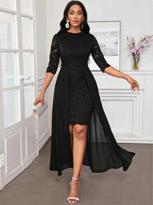 SHEIN Lady 秋冬圣诞派对礼服优雅蓝色蕾丝圆领不对称飘逸 - 黑色 - 查看 5