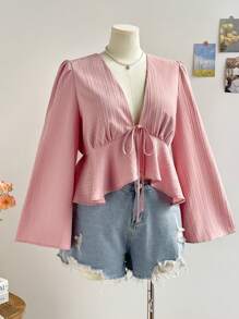 Soleia Plus Size V-Neck White Textured Long Sleeve Ruffled Trim Shirt, Vacation & Back To School Clothes For Fall