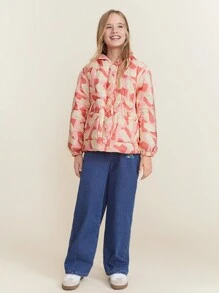 SHEIN 冬季 Tween Girl 休闲双色印花连帽棉服外套 - 粉色 - 查看 3