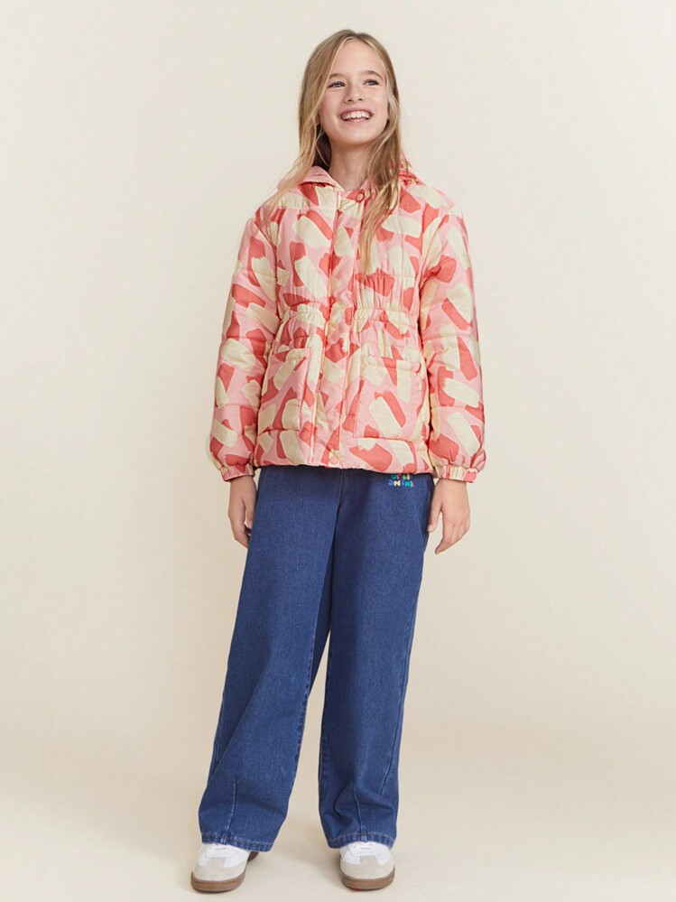 SHEIN 冬季 Tween Girl 休闲双色印花连帽棉服外套 - 粉色 - 查看 3