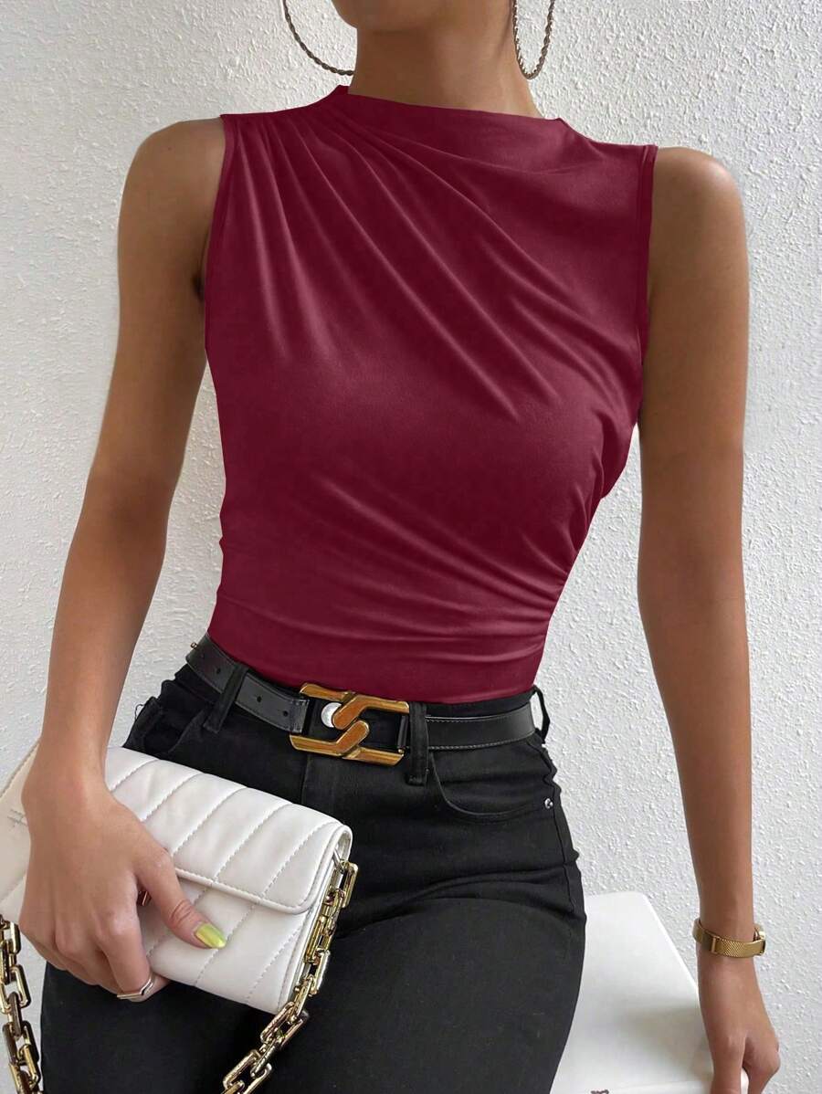 Chiquease Solid Ruched Tank Top - Burgundy - View 1
