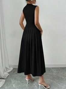 Selianne 2024 新款年轻优雅手工褶皱无袖立领连衣裙，杏色长款女装 - 黑色 - 查看 2