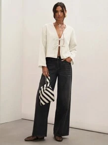 COSMINA 女式纯色不对称领口长袖蝴蝶结装饰休闲商务休闲工作衬衫，春季和秋季 - 杏色 - 查看 5