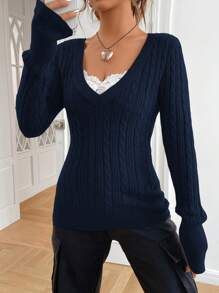 SHEIN EZwear Suéter de punto de cable sólido con cuello en V de 1 pieza de moda para mujer, suéter informal de punto de cable para primavera/otoño para mujer, suéteres holgados de manga larga con encaje de contraste y ajuste delgado, suéteres para mujer de manga regular marrón