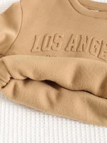 2 件装年轻男孩休闲舒适保暖内衬宽松压花圆领长袖运动衫和开叉长裤套装，适合外出、上学、日常聚会、秋冬季 - 棕色 - 查看 4