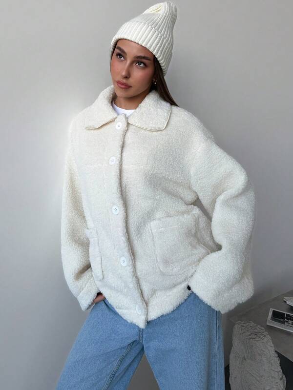 Aloruh Dropped Shoulder Short Pocket Loose Fleece Long Sleeve Warm & Minimal Casual Outer Jacket For Women, Autumn/Winter