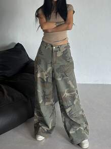DAZY 女士休闲迷彩工装阔腿牛仔裤