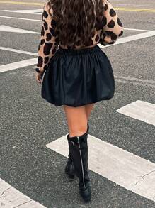 Flirla Plus Size Women Leather Casual Loose Puff Skirt, Suitable For Daily Wear In Summer - Black - View 2