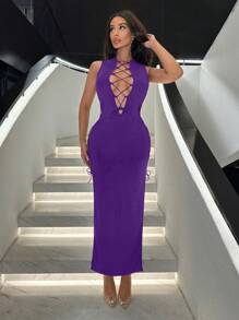 SHEIN SXY Sexy Criss-Cross Hollow Out High Slit Dress,Lavender Dress - Purple - View 3