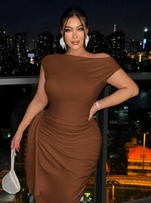 SHEIN SXY Plus Size White Bodycon One-Shoulder Twist Decorated Party Dress - Brown - View 7