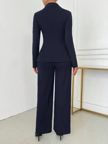 SHEIN SXY 女士优雅单排扣缺口翻领西装外套和裤子套装秋冬女装办公室服装 - 藏蓝色 - 查看 2