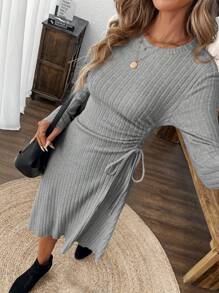 SHEIN LUNE 女士休闲纯色侧抽绳中长连衣裙，秋冬 - 灰色 - 查看 3