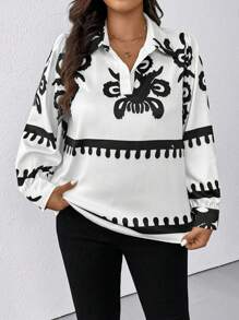 SHEIN LUNE Áo thun polo tay dài in hoa cỡ lớn cho nữ mùa thu - Nhiều màu - Xem 1