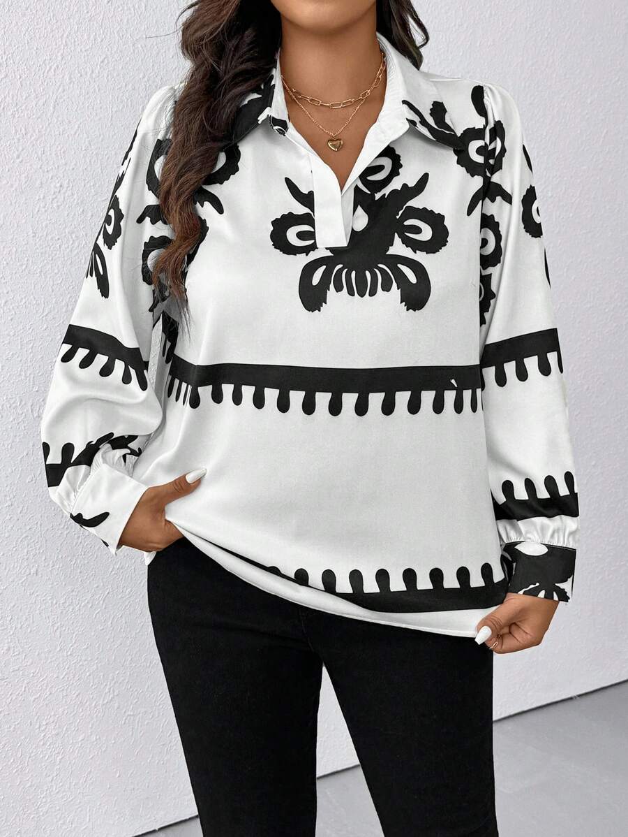 SHEIN LUNE Áo thun polo tay dài in hoa cỡ lớn cho nữ mùa thu - Nhiều màu - Xem 1