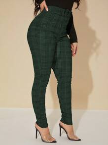 SHEIN SXY Sexy High Waist Glen Plaid Belted Pants - Dark Green - View 5
