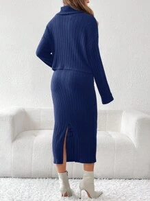 SHEIN 孕妇两件套：纯色高领罗纹长袖上衣和裙子 - 藍色 - 查看 2