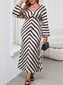 SHEIN Clasi Herbst/Winter schwarz & rosa gestreiftes Kleid mit Trompetenärmeln und Taille, elegant und schick, in Große Größen