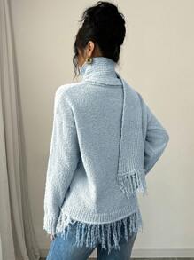SHEIN Clasi Women Casual Solid Color Scarf With Fringe Pullover Sweater Knit Pullover Fall Winter - Blue - View 2