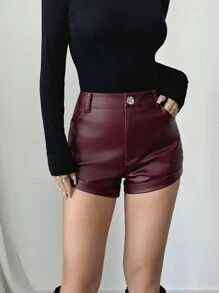 SHEIN Unity 常规酒红色女士卷边下摆休闲短裤，秋季新品 - 酒紅色 - 查看 4