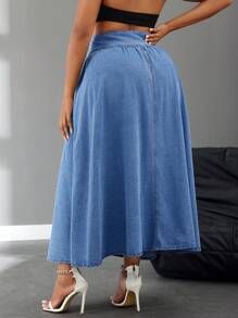 SHEIN SXY Plus Size Plain Front Button Up Casual Versatile Long Denim A-Line Skirt