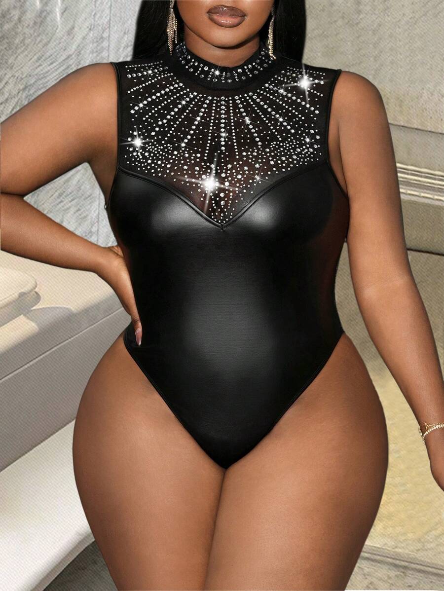 Slaydiva Plus Size Women's Luxury High Neck Rhinestone Front Semi-Sheer Sleeveless Bodysuit, For Winter - Black - View 1