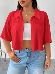 Comfortcana 情人节，大码女式纯色单排扣休闲短款衬衫，秋季 - 紅色 - 查看 7