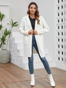 SHEIN LUNE 1 件休闲纯色长袖连帽开衫，秋冬 - 白色 - 查看 3