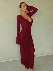 SHEIN BAE 1 件女式纯红色深 V 领荷叶边长袖连衣裙，优雅性感，适合秋冬季打底裙、鸡尾酒会、浪漫约会、正式聚会、伴娘礼服、夜间外出、万圣节、圣诞节 - 酒紅色 - 查看 4