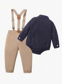SHEIN Conjunto de 2 piezas para niño bebé con camisa de manga larga con lunares y moño, y pantalones de tirantes estilo caballero, adecuado para ocasiones casuales, formales, fiestas de cumpleaños, Halloween y Navidad