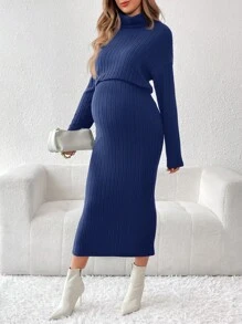 SHEIN 孕妇两件套：纯色高领罗纹长袖上衣和裙子 - 藍色 - 查看 5