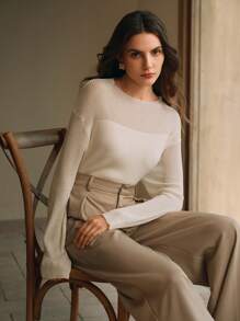 Anewsta 女士落肩圆领长袖修身套头衫，秋冬款 - 杏色 - 查看 1