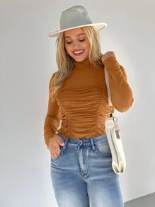 SHEIN LUNE Women's Brown Slim Fit Pleated Semi-Sheer Long Sleeve Base Layer T-Shirt - Mocha Brown - View 4