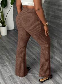 Slaydiva Plus Size Elastic Waist Loose Casual Flare Pants, Suitable For Autumn And Summer - Rust Brown - View 3