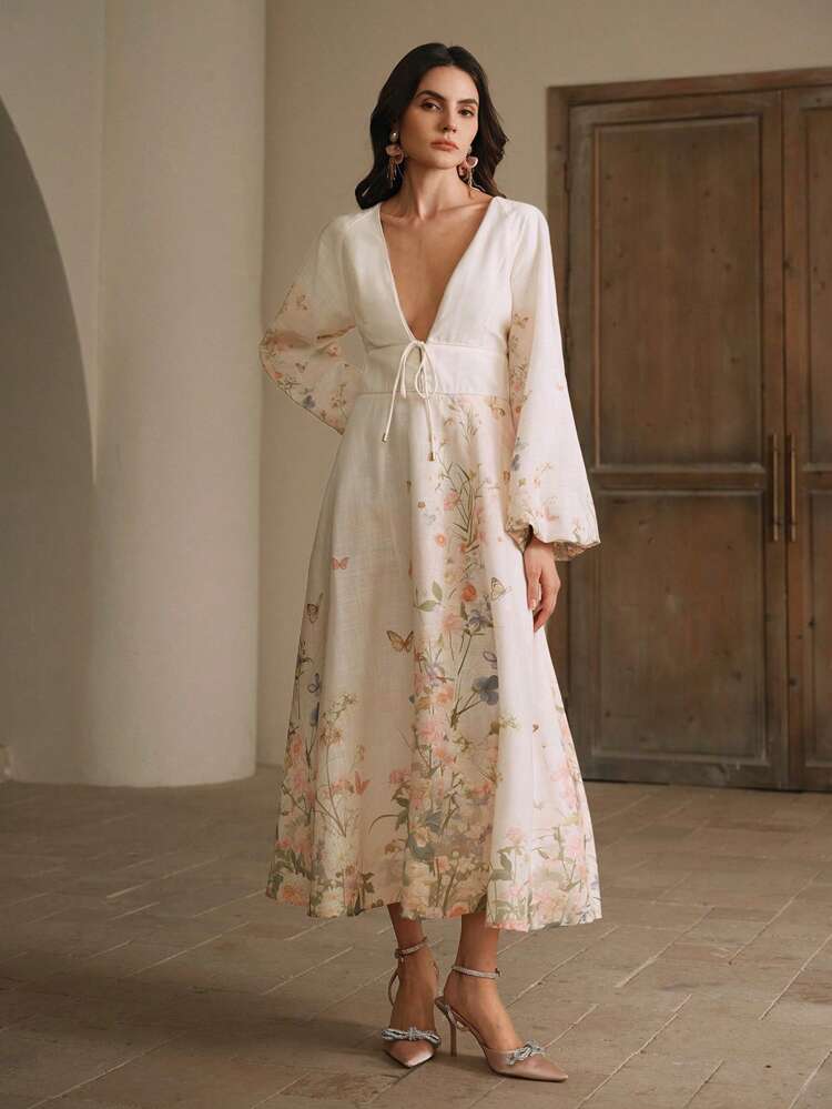 1pc Women's Floral Print Long Sleeve Linen Blend Holiday Dress, Early Autumn