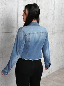 SHEIN PETITE Women's Single-Breasted Long Sleeve Denim Jacket With Fringe Trim, Autumn