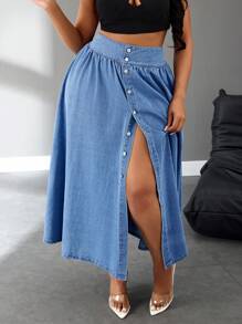 SHEIN SXY Plus Size Plain Front Button Up Casual Versatile Long Denim A-Line Skirt