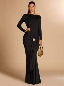 SHEIN BAE 1pc Women's Black Solid Color Sexy Elegant Long Sleeve Tight Ruched Metal Shell Decor Tied Mermaid Dress, Suitable For Cocktail Party, Romantic Date, Autumn/Winter Underdress, Party, Formal Occasion, Night Out, Wedding Guest, Halloween, Christmas