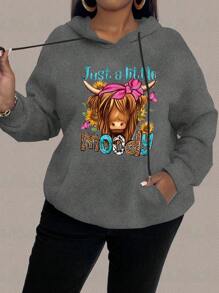 Calvaya 大码女式印花抽绳连帽宽松长袖休闲卫衣，秋季套头衫 - 深灰色 - 查看 5