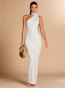 SHEIN BAE 纯色长裙，露背吊带，水晶链装饰，优雅简约的设计，适合鸡尾酒会、浪漫约会、冬季分层穿着、派对、婚礼伴娘、晚间外出