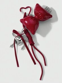 ROMWE Kawaii 1pc Y2K Cute & Stylish Versatile High-Quality Handmade CCC Beaded Silver & Burgundy Ribbon Bow Rhinestone Heart Adjustable Climbing Rope DIY Keychain, Bag Charm - Suitable For Women/Girls, Holiday Gift - Red - View 4