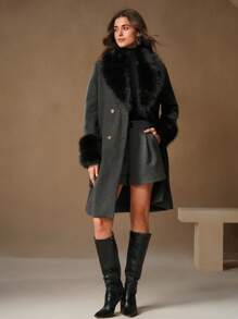 Anewsta Áo khoác dài cổ lông có thắt lưng, áo khoác dày và ấm cho nữ - Màu xám đen - Xem 1