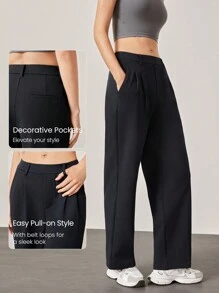 GLOWMODE بنطلون عمل ذو ساق واسعة مبطن بالفليس الدافئ، متعدد الاستخدامات، مقاوم للتجعيد، مطاطي، سهل الارتداء ذو جيوب جانبية للاستخدام اليومي الرسمي الشتوي في المكتب - الأسود - مشاهدة 5