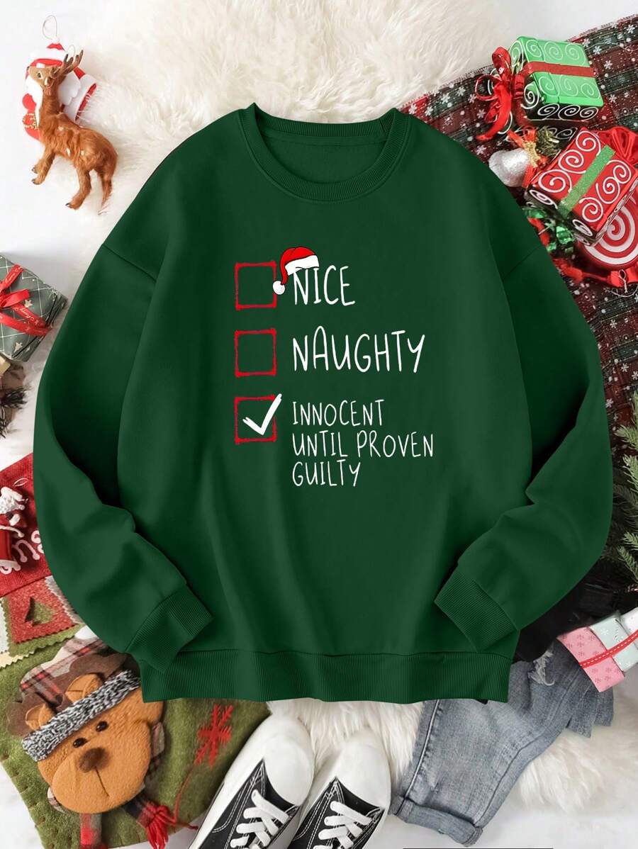 SHEIN LUNE Áo nỉ thường ngày in khẩu hiệu Giáng sinh cỡ lớn, mặc hàng ngày - Màu xanh lá cây đậm - Xem 1