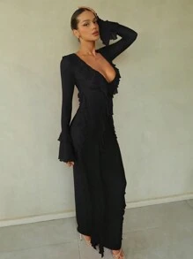 SHEIN BAE 1 chiếc váy dài tay xẻ tà cổ chữ V sâu màu đỏ trơn cho nữ, thanh lịch và gợi cảm, thích hợp mặc vào mùa thu/đông làm lớp lót, tiệc cocktail, hẹn hò lãng mạn, tiệc tùng, phù dâu dự tiệc cưới, đi chơi đêm, Halloween, Giáng sinh - màu đen - Xem 4