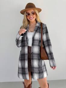 SHEIN LUNE Women's Casual Plaid Lapel Collar Long Sleeve Regular Jacket, Suitable For Autumn & Winter Seasons - Multicolor - View 4
