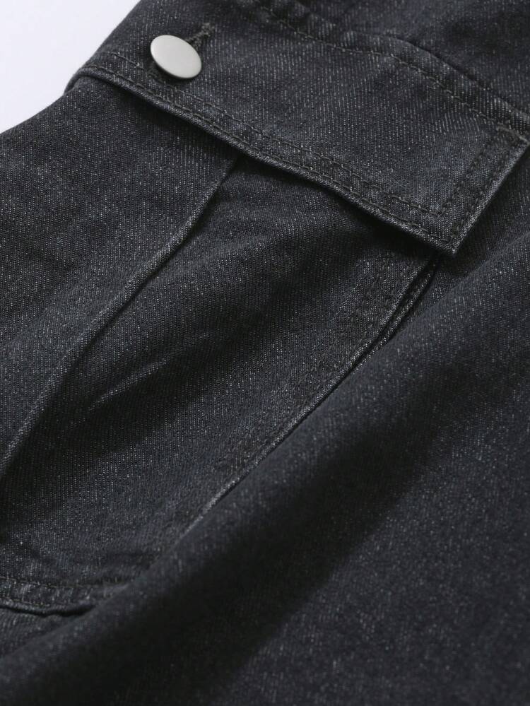 Women Casual Street Style Solid Color Flap Pocket Pleated Loose Wide Leg Cargo Jeans