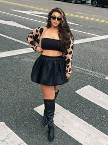 Flirla Plus Size Women Leather Casual Loose Puff Skirt, Suitable For Daily Wear In Summer - Black - View 1